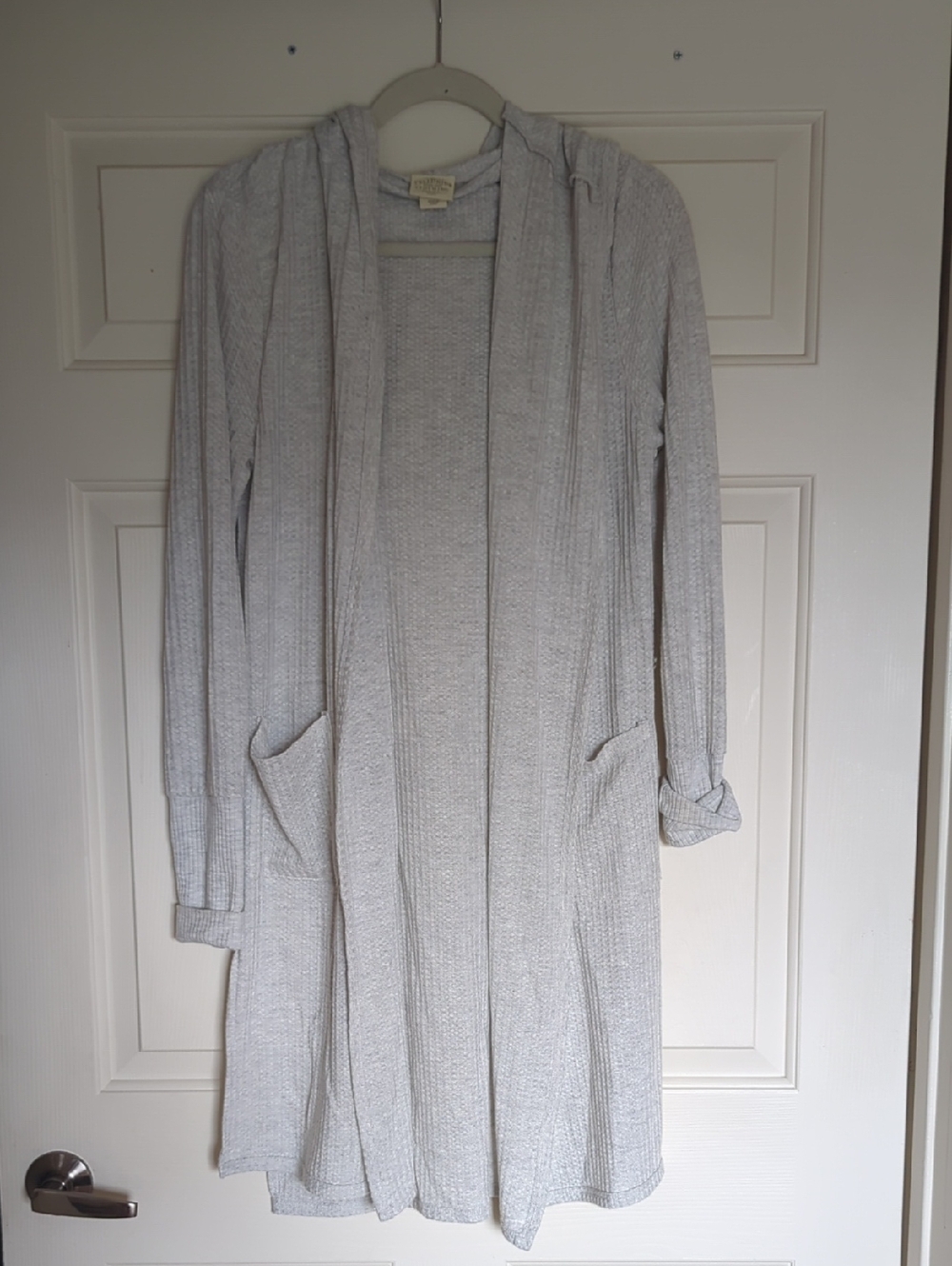 Light Gray Hooded Open-Front Long Cardigan with Pockets